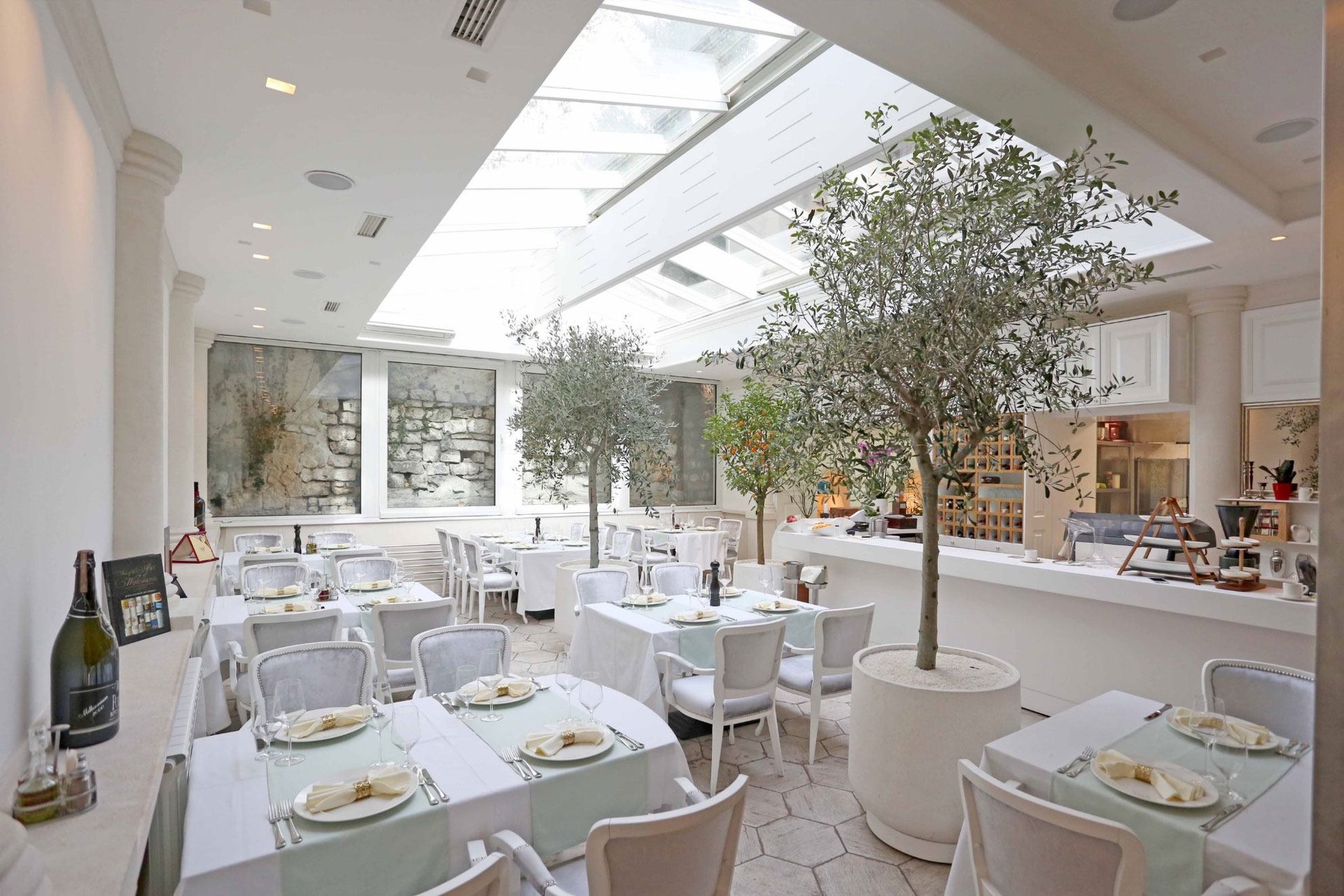 The bright, skylit dining room of Libertas with olive trees