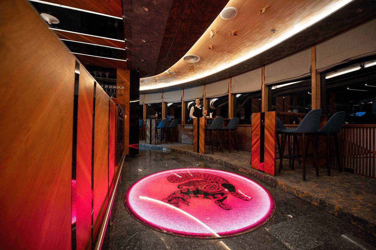 The curving bar on the upper floor of the Avaz Twist Tower, by the panoramic windows